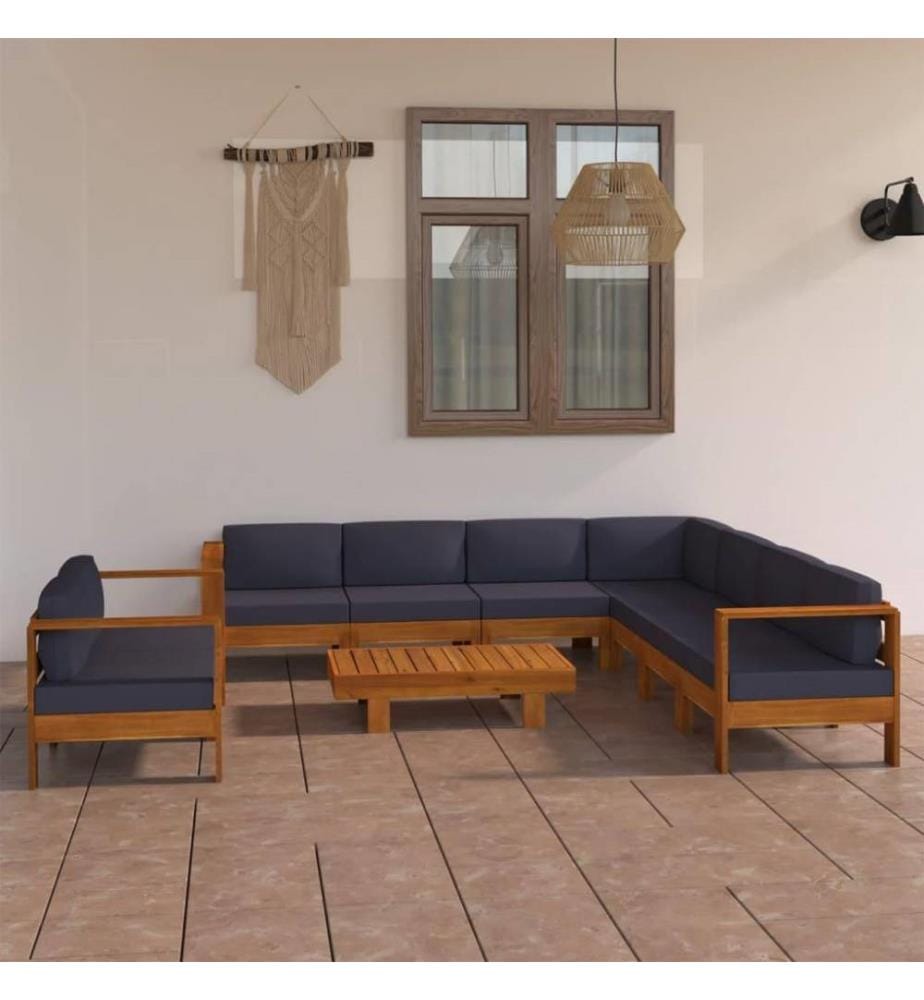 9-tlg. Garten-Lounge-Set mit Dunkelgrauen Auflagen Akazienholz