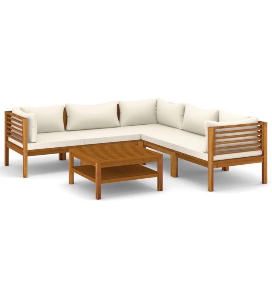 Salon de jardin 6 pcs avec coussin crème Bois d'acacia solide