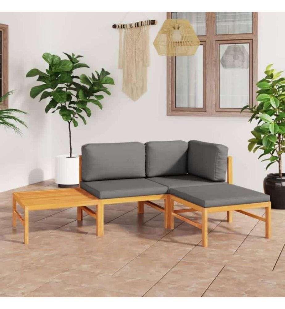 Salon de jardin 4 pcs avec coussins gris Bois de teck solide
