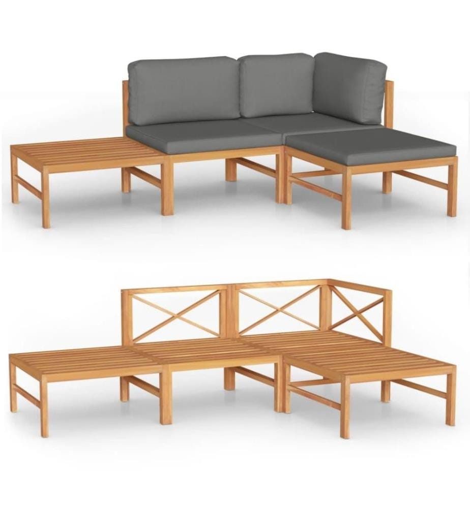 Salon de jardin 4 pcs avec coussins gris Bois de teck solide