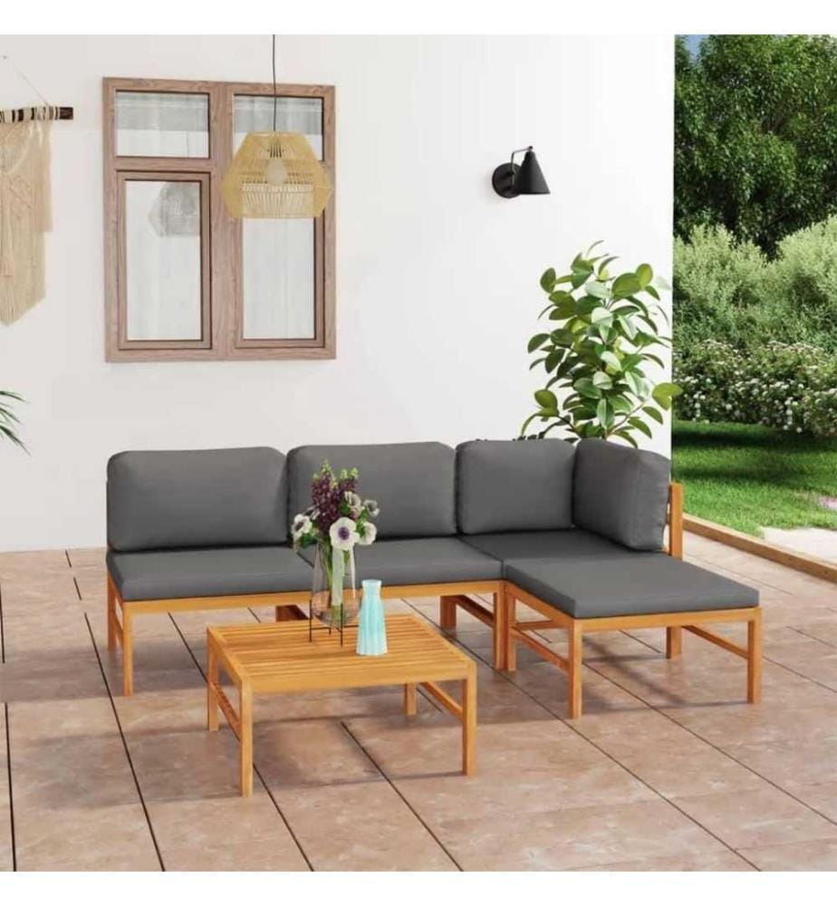 Salon de jardin 5 pcs avec coussins gris Bois de teck solide