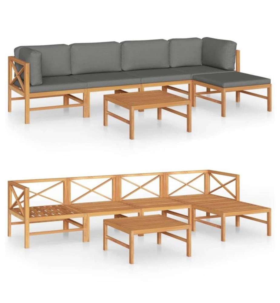 6-tlg. Garten-Lounge-Set mit Grauen Kissen Massivholz Teak