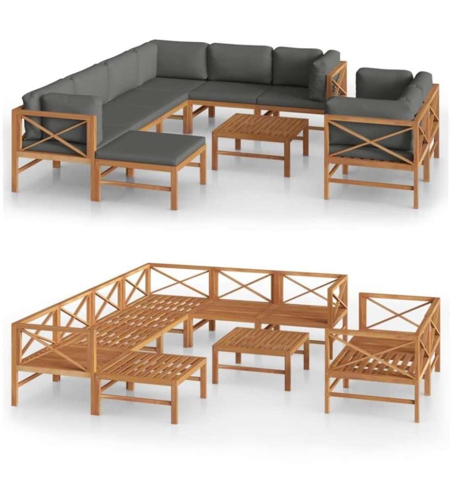 Salon de jardin 10 pcs avec coussins gris Bois de teck solide
