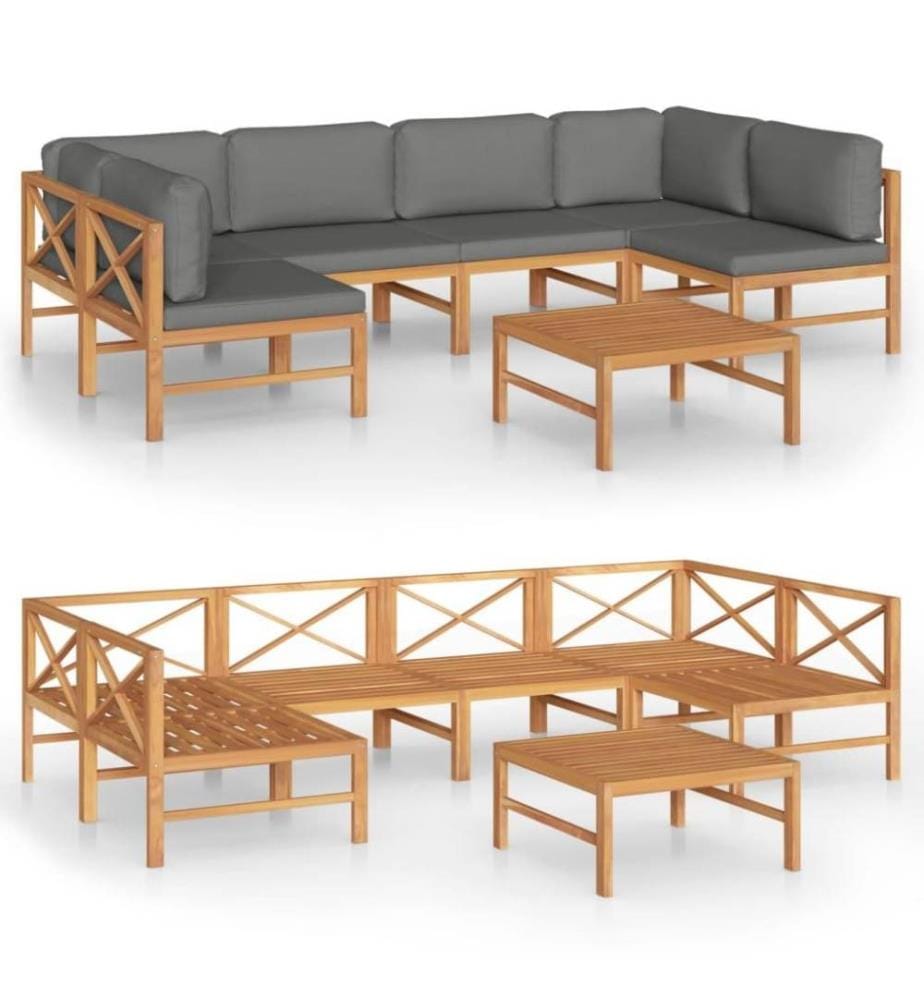 Salon de jardin 7 pcs avec coussins gris Bois de teck solide