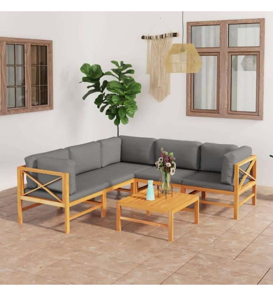 Salon de jardin 6 pcs avec coussins gris Bois de teck solide