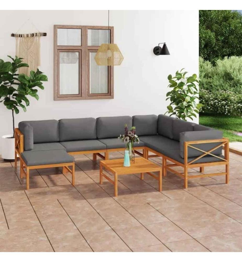 Salon de jardin 8 pcs avec coussins gris Bois de teck solide