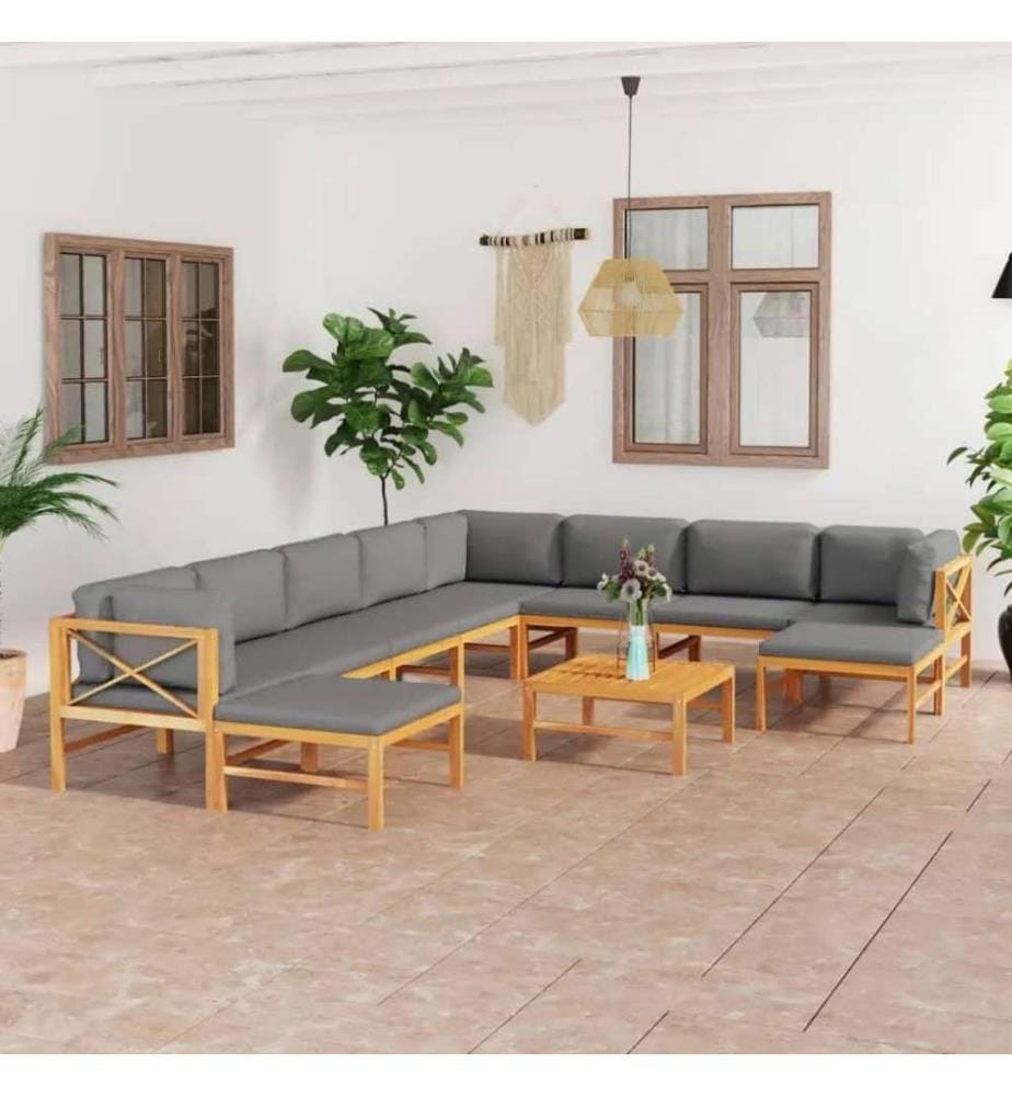 Salon de jardin 11 pcs avec coussins gris Bois de teck solide