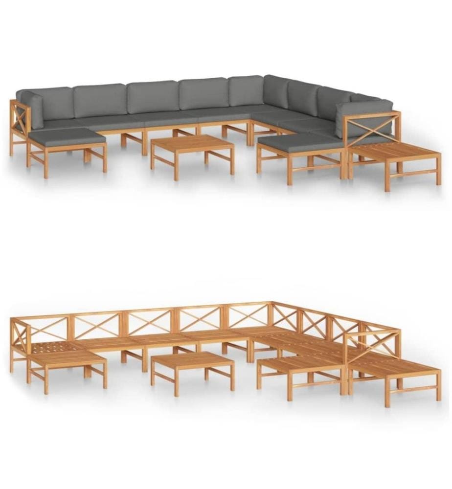 Salon de jardin 12 pcs avec coussins gris Bois de teck solide