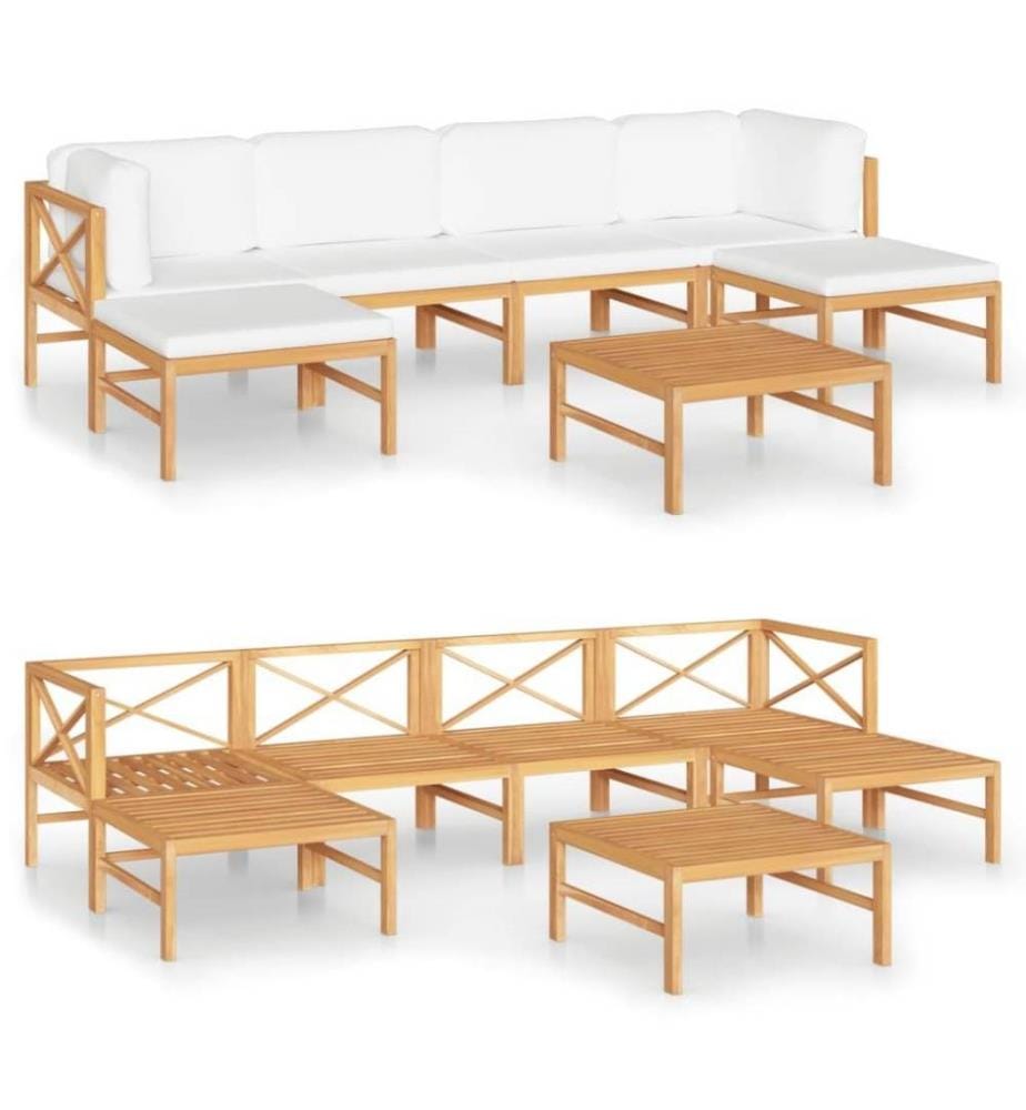 Salon de jardin 7 pcs avec coussins crème Bois de teck solide