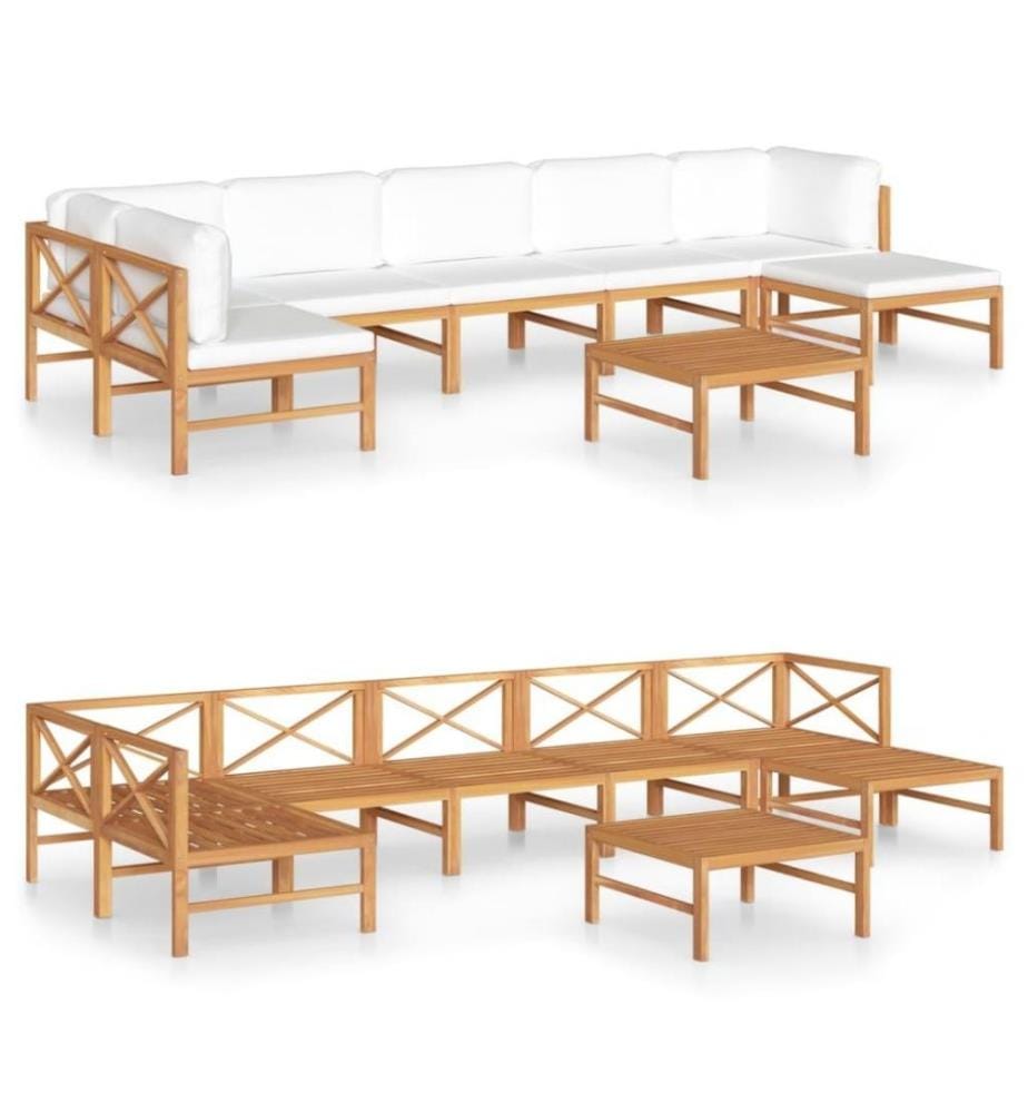 Salon de jardin 8 pcs avec coussins crème Bois de teck solide