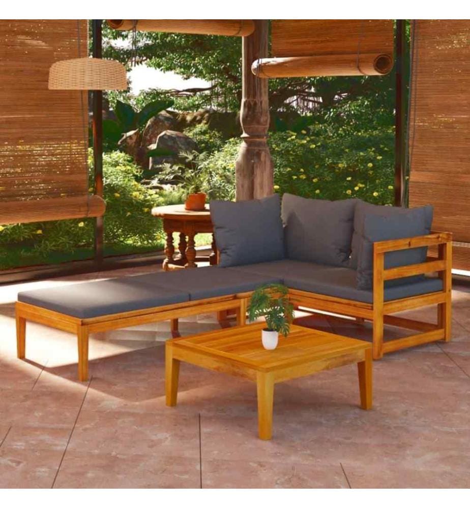 3-tlg. Garten-Lounge-Set mit Dunkelgrauen Kissen Massivholz Akazie