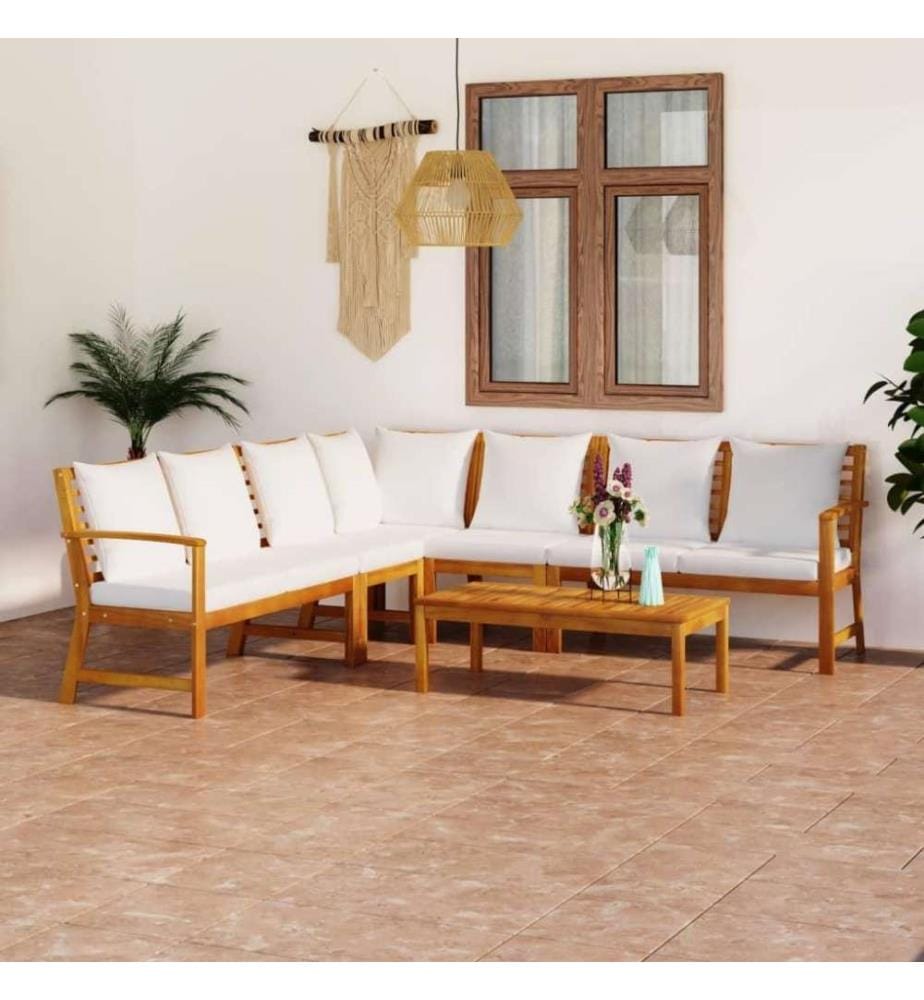 Salon de jardin 6 pcs avec coussin Crème Bois d'acacia solide