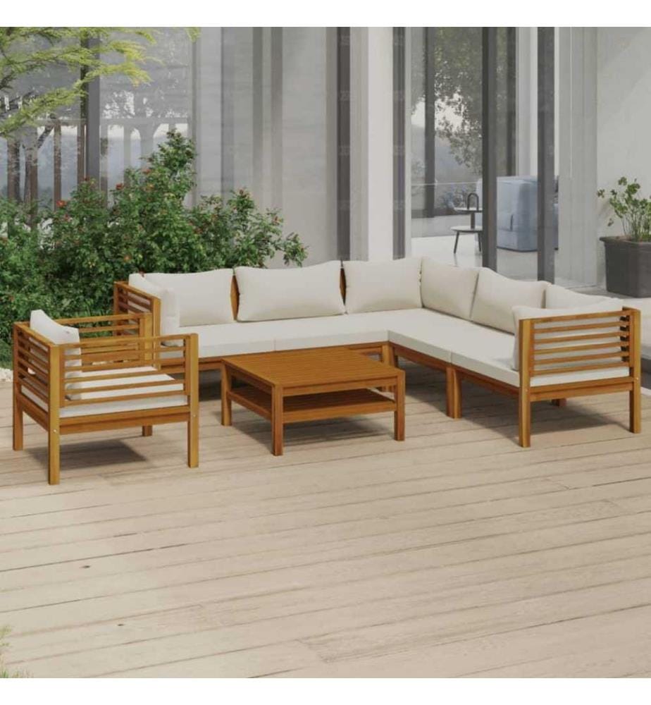 Salon de jardin 7 pcs avec coussin crème Bois d'acacia solide