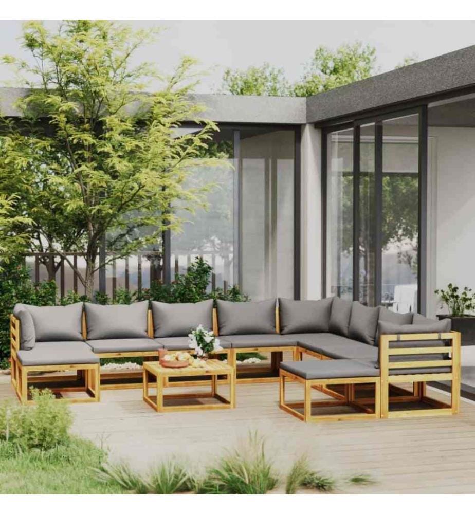 11-tlg. Garten-Lounge-Set mit Auflagen Massivholz Akazie