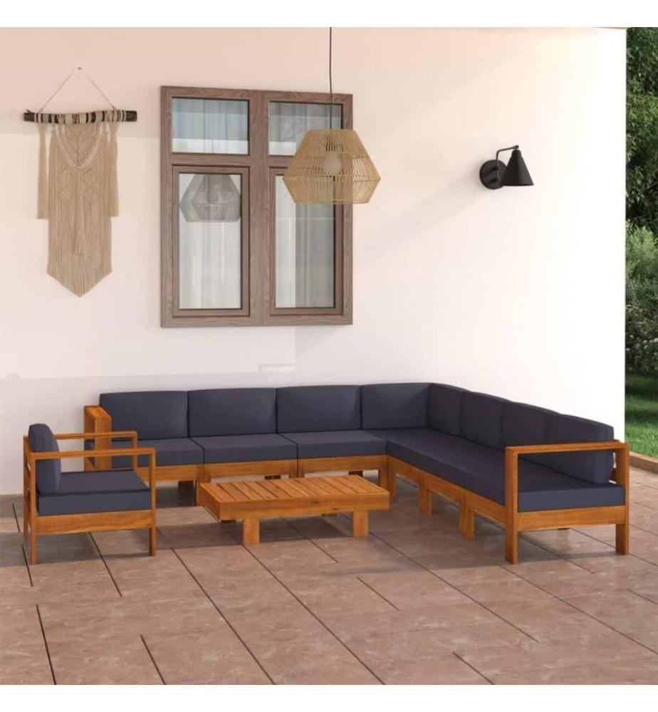 Salon de jardin 9 pcs avec coussins gris foncé Bois d'acacia