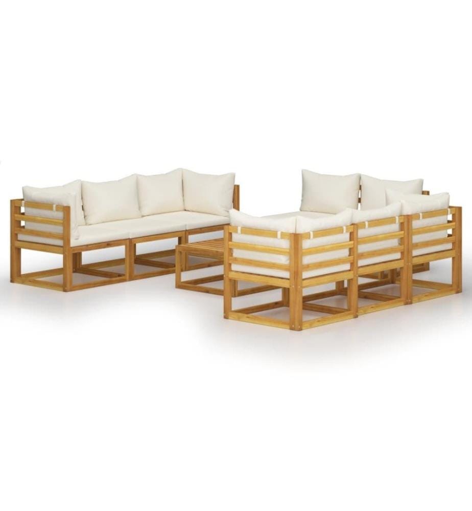 Salon de jardin 9 pcs avec coussin Crème Bois d'acacia solide