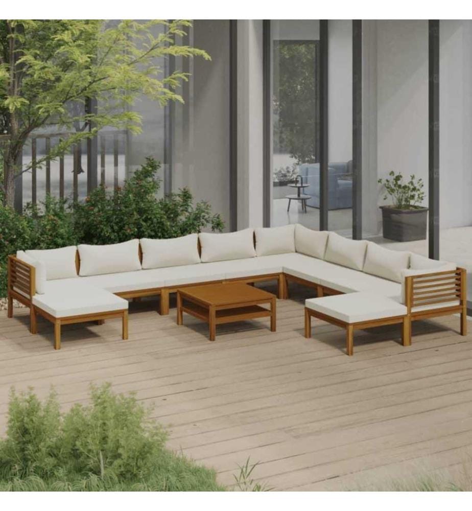 Salon de jardin 11 pcs avec coussin crème Bois d'acacia solide