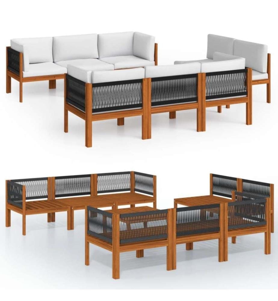Salon de jardin 9 pcs avec coussins Crème Bois d'acacia solide