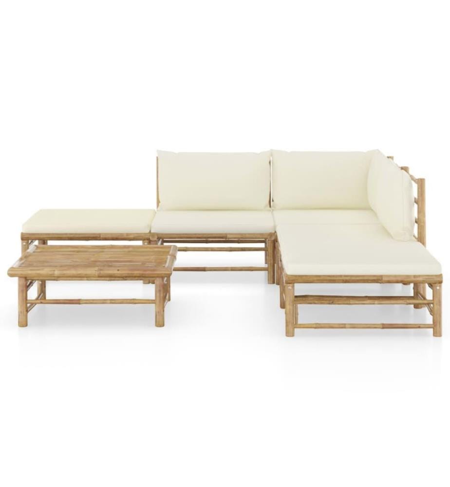 Salon de jardin 6 pcs avec coussins blanc crème Bambou