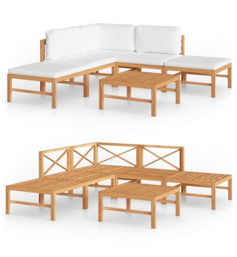 Salon de jardin 6 pcs avec coussins crème Bois de teck solide