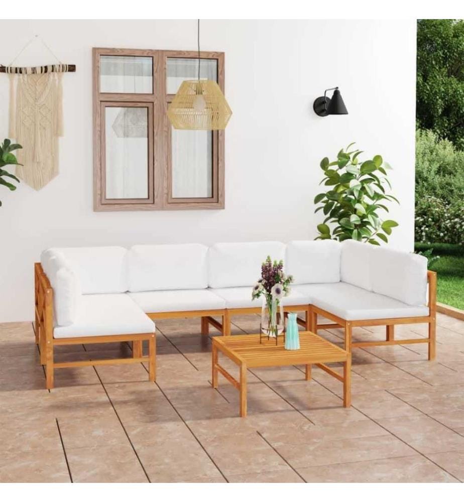 Salon de jardin 7 pcs avec coussins crème Bois de teck solide