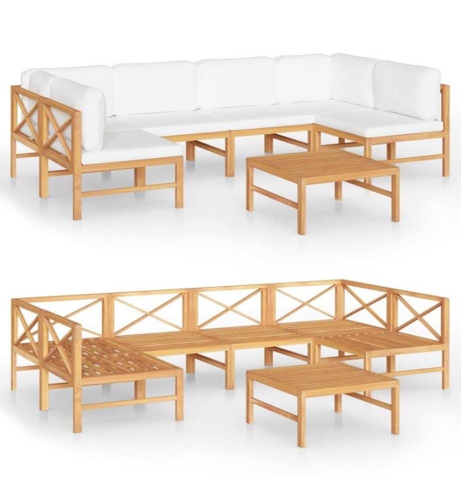 Salon de jardin 7 pcs avec coussins crème Bois de teck solide