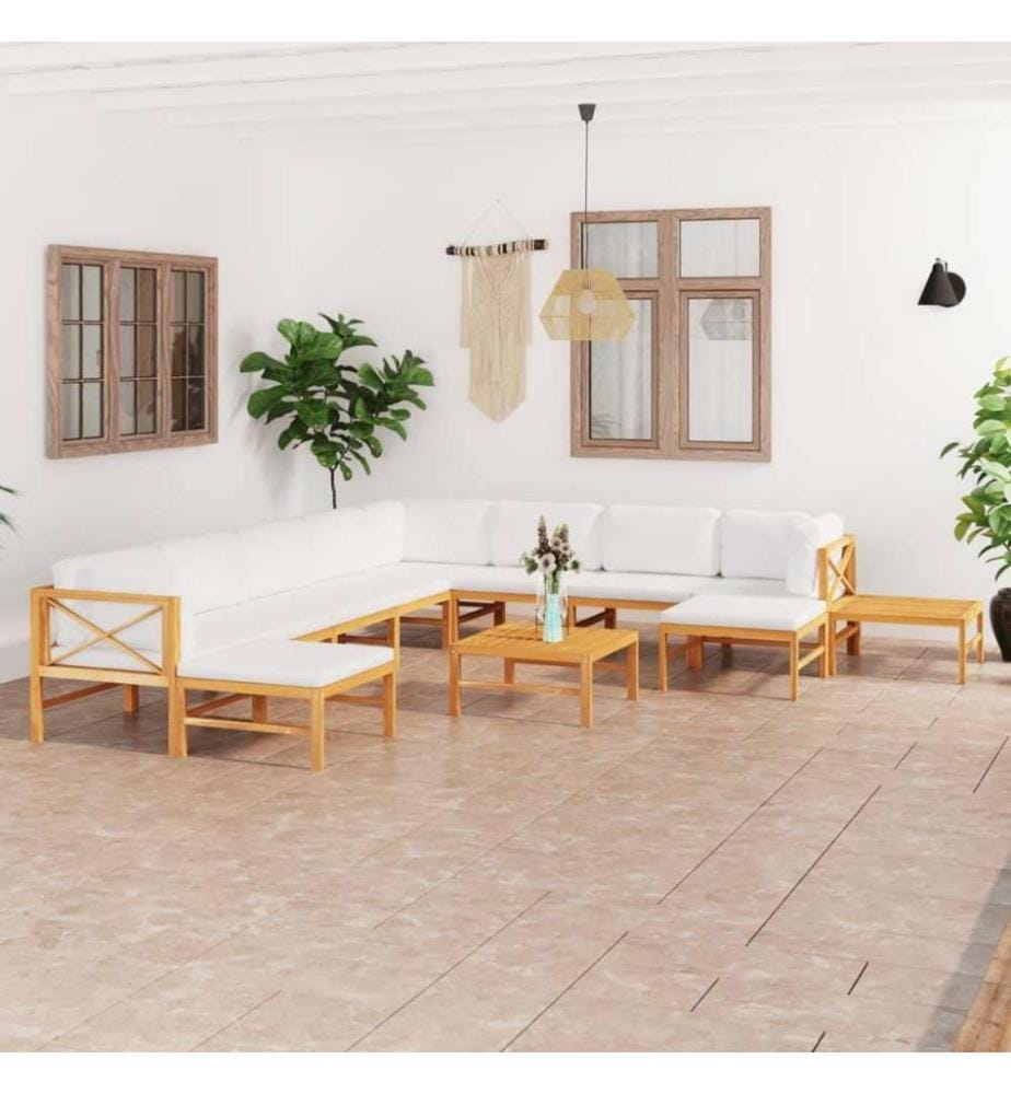 Salon de jardin 12 pcs avec coussins crème Bois de teck solide