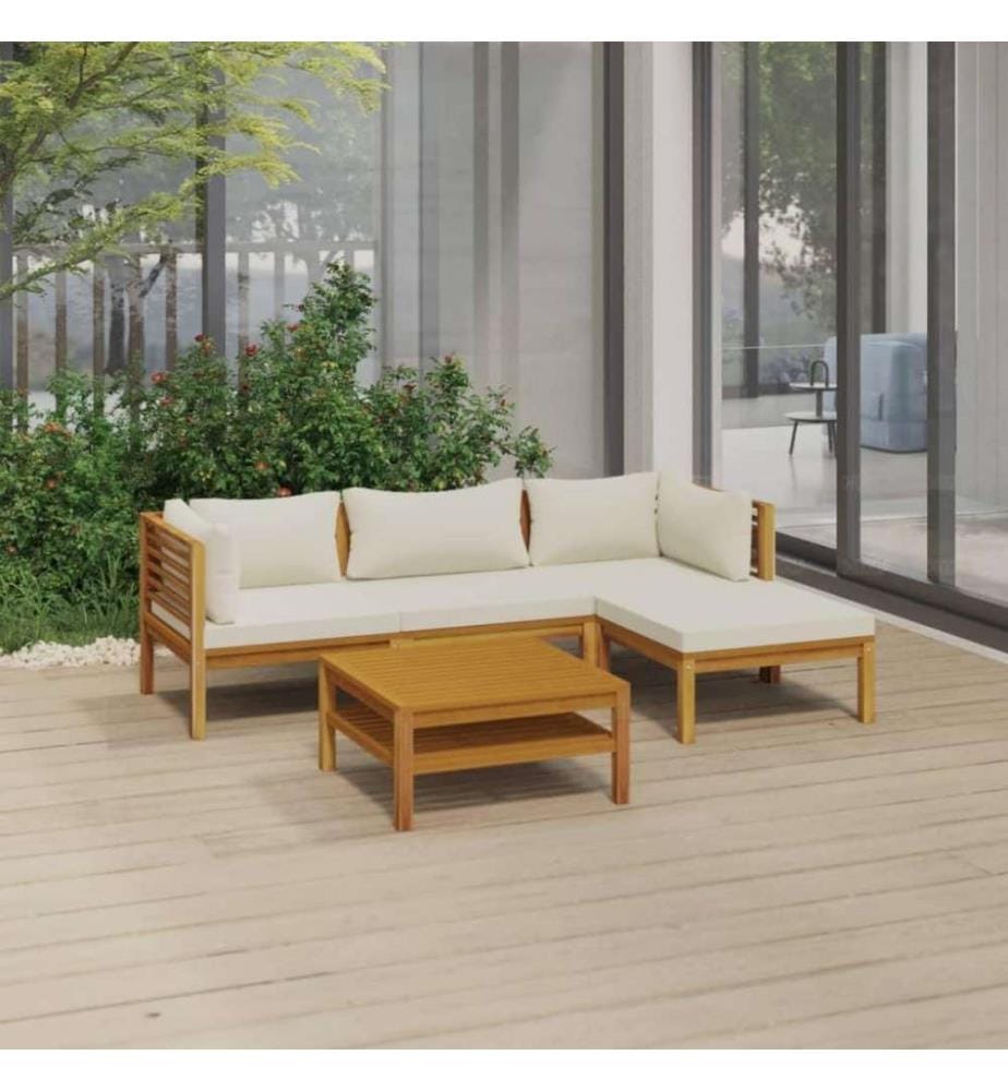 Salon de jardin 5 pcs avec coussin crème Bois d'acacia solide