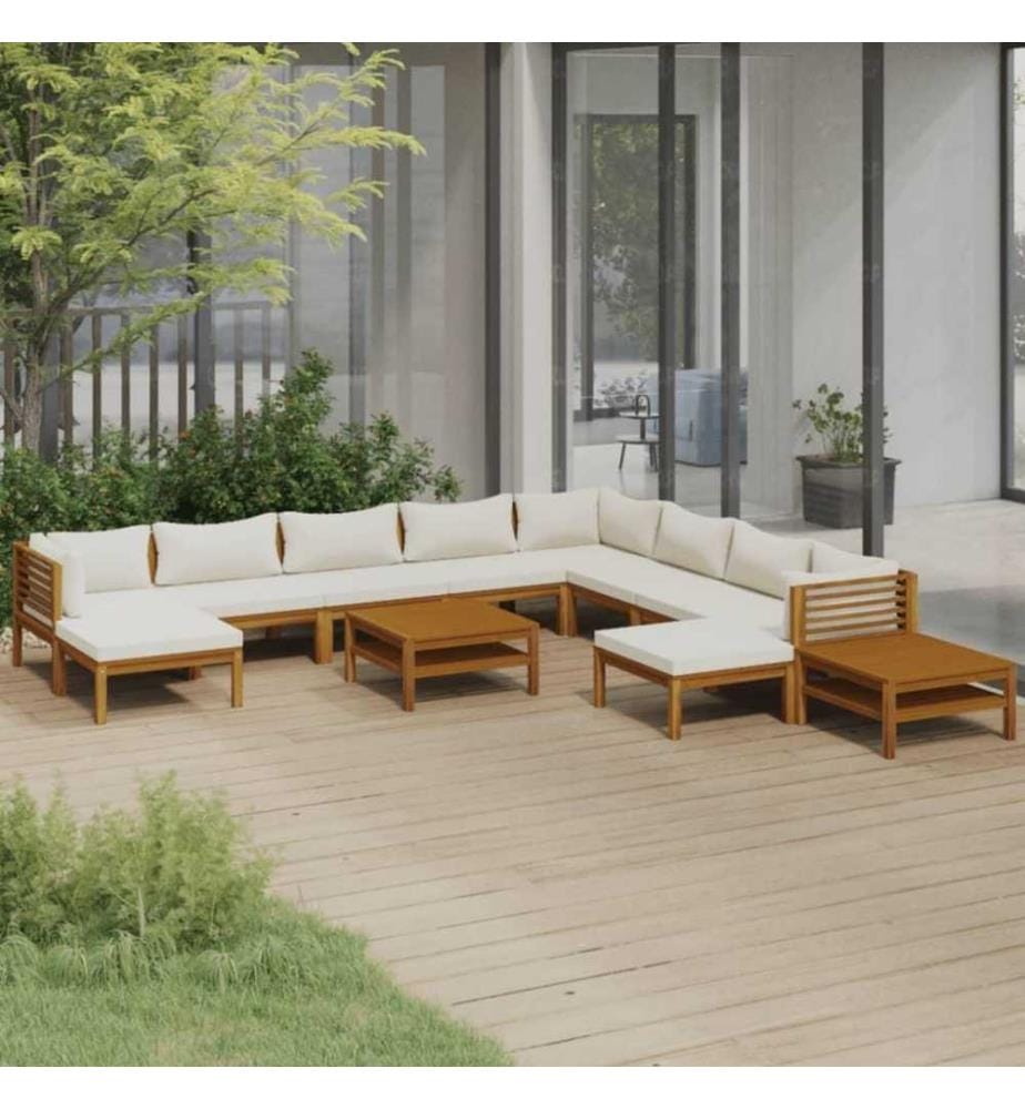 Salon de jardin 12 pcs avec coussin crème Bois d'acacia solide