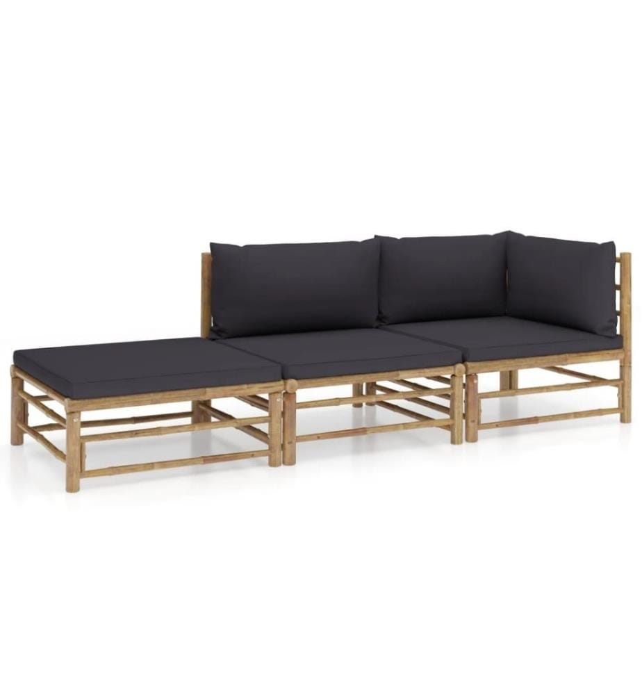 3-tlg. Garten-Lounge-Set mit Dunkelgrauen Kissen Bambus