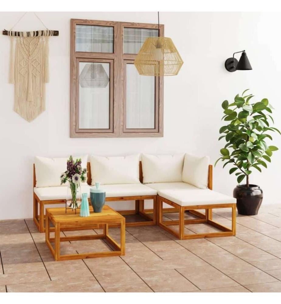 Salon de jardin 5 pcs avec coussin Crème Bois d'acacia solide