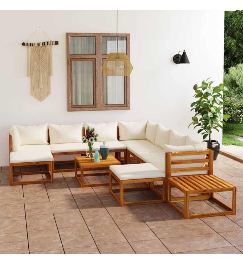 Salon de jardin 12 pcs avec coussin Crème Bois d'acacia solide