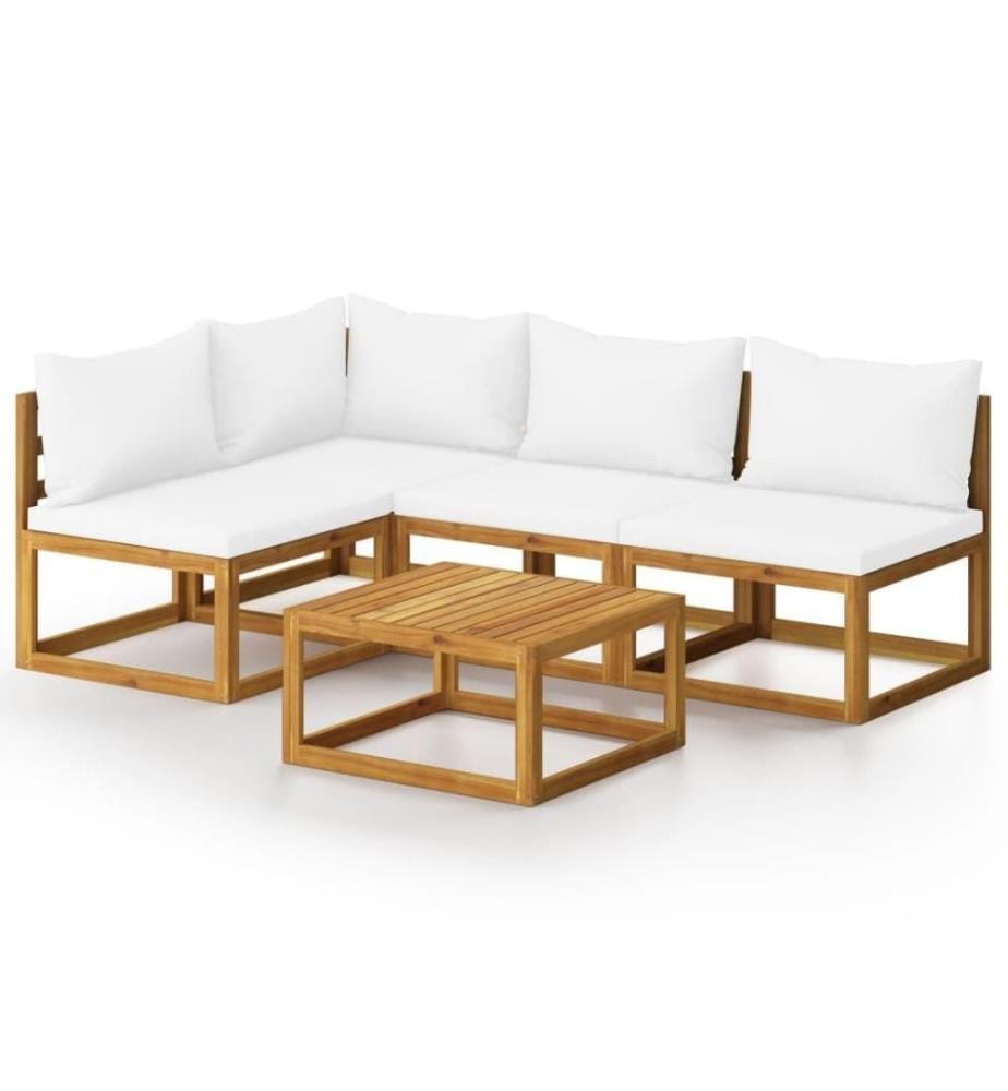 Salon de jardin 5 pcs avec coussin Crème Bois d'acacia solide
