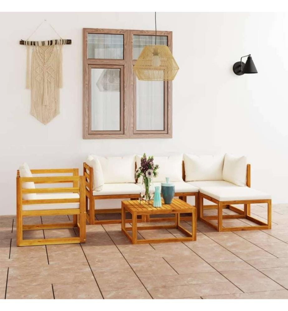 Salon de jardin 6 pcs avec coussin Crème Bois d'acacia solide