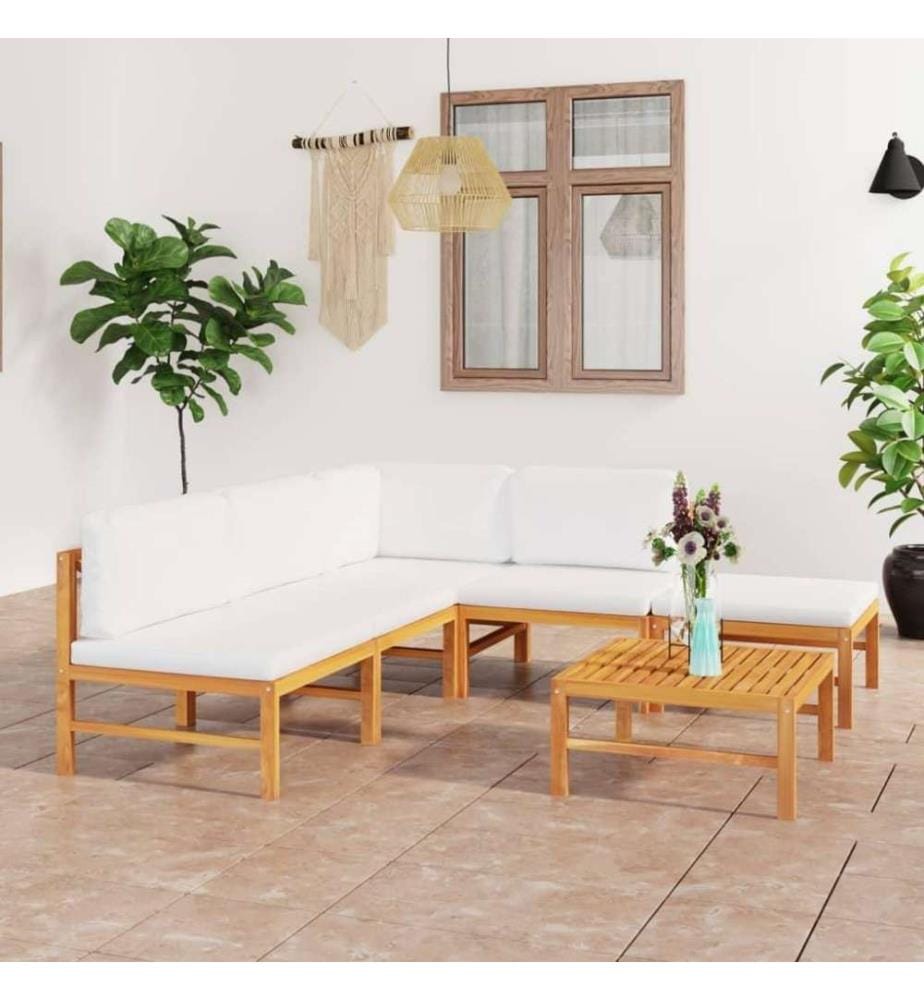 Salon de jardin 6 pcs avec coussins crème Bois de teck solide
