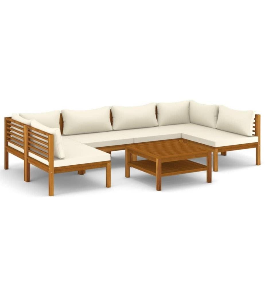 Salon de jardin 7 pcs avec coussin crème Bois d'acacia solide