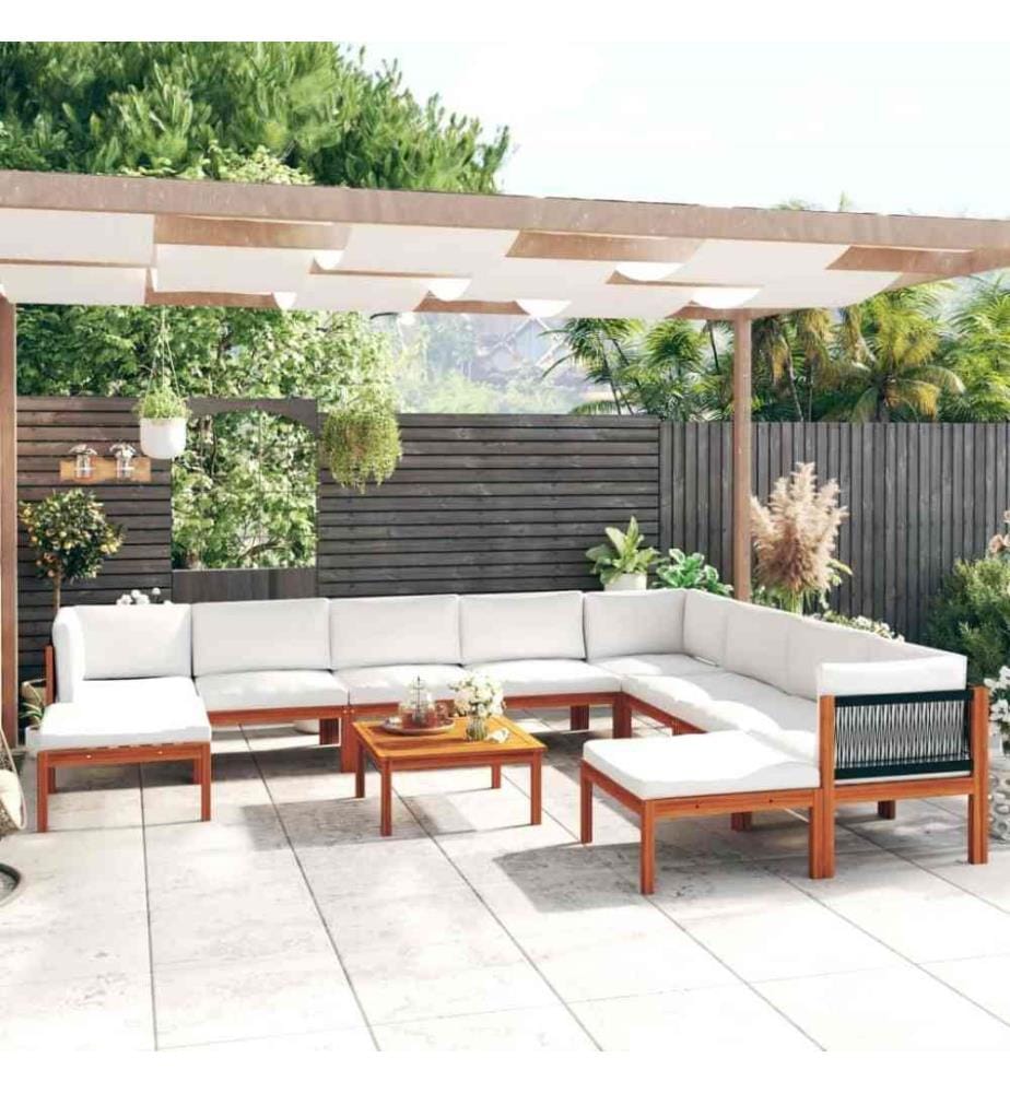 Salon de jardin 11 pcs avec coussins Crème Bois d'acacia solide