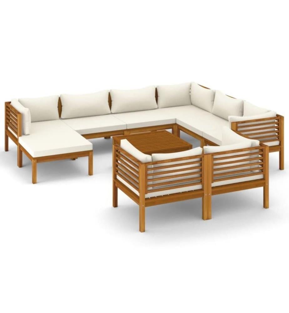 Salon de jardin 10 pcs avec coussin crème Bois d'acacia solide