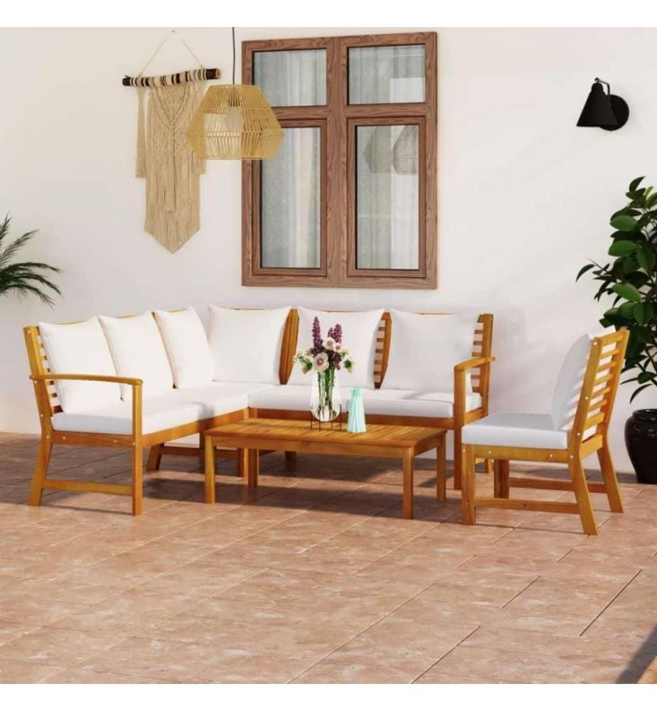 Salon de jardin 5 pcs avec coussin Crème Bois d'acacia solide