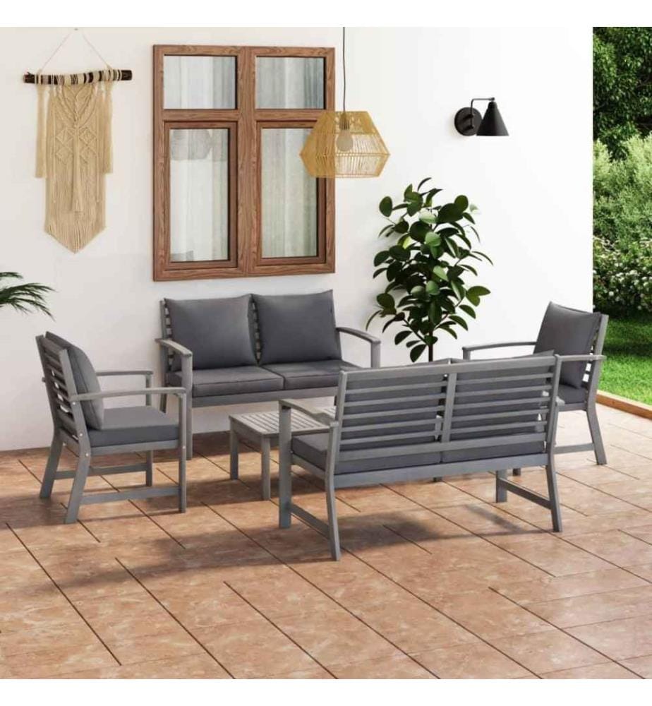 5-tlg. Garten-Lounge-Set mit Auflagen Massivholz Akazie Grau