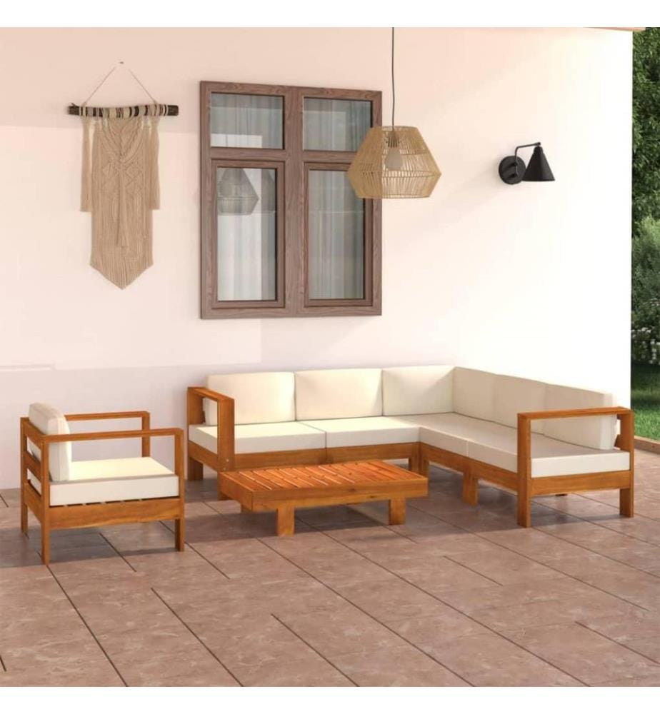 Salon de jardin 7 pcs avec coussins blanc crème Bois d'acacia