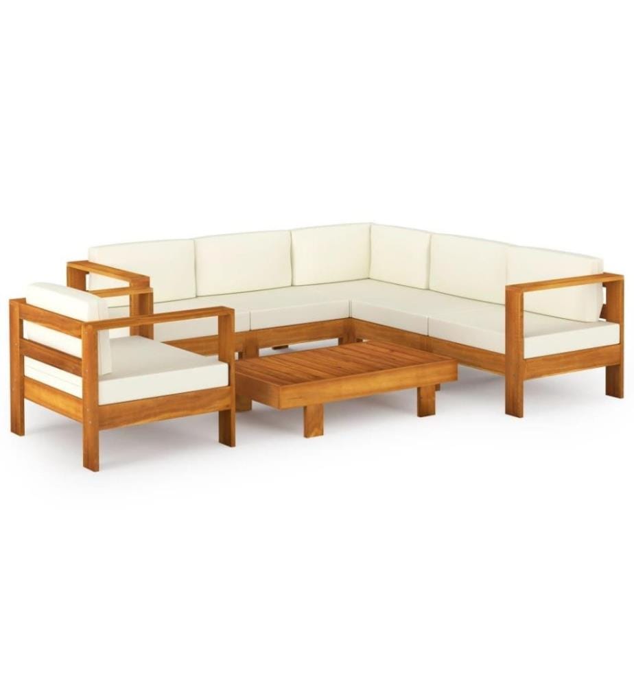 Salon de jardin 7 pcs avec coussins blanc crème Bois d'acacia