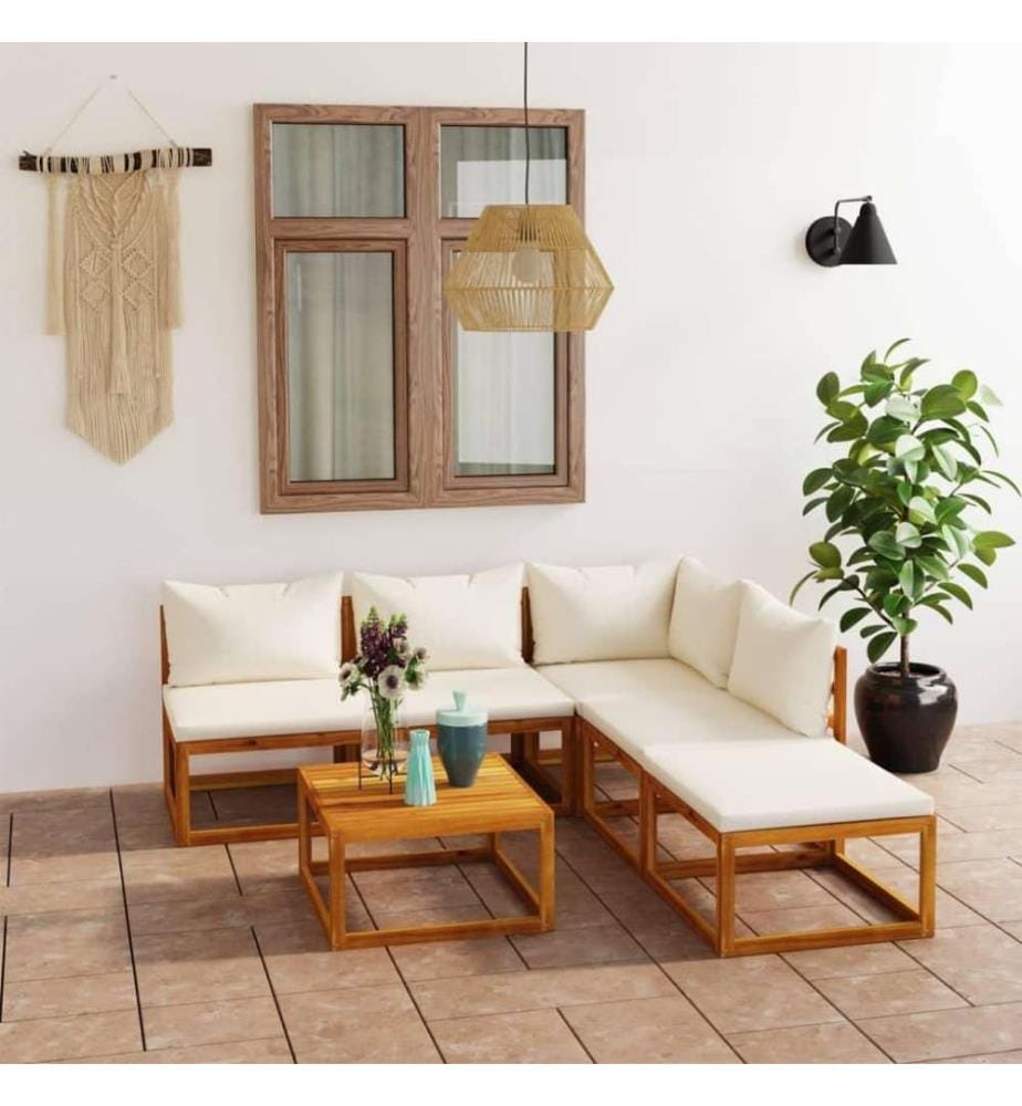 Salon de jardin 6 pcs avec coussin Crème Bois d'acacia solide