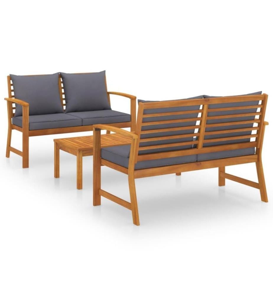 Salon de jardin 3 pcs avec coussin Bois d'acacia solide