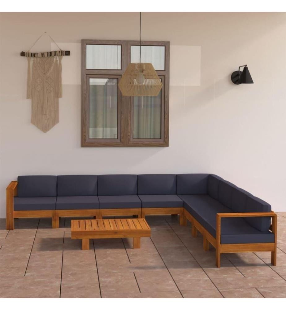 Salon de jardin 9 pcs avec coussins gris foncé Bois d'acacia