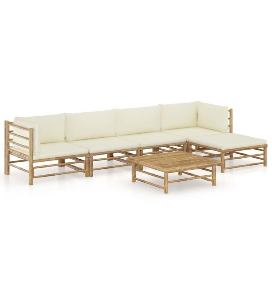 Salon de jardin 6 pcs avec coussins blanc crème Bambou