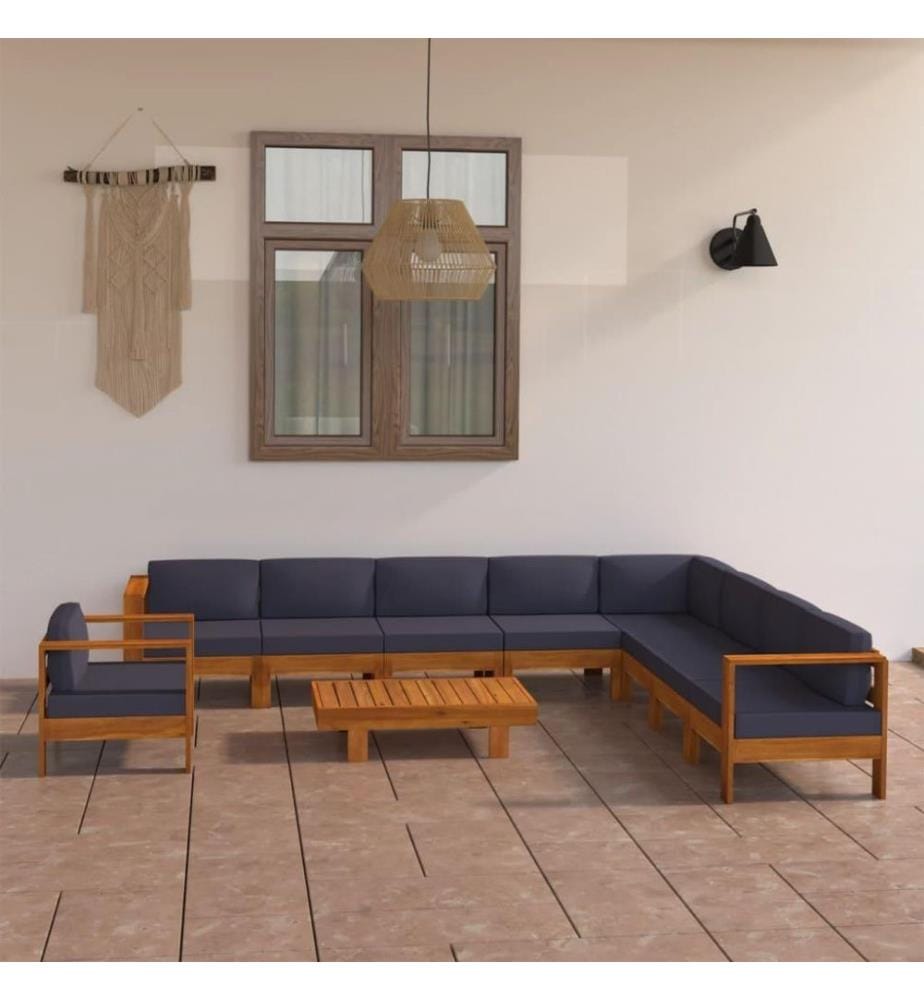 Salon de jardin 10 pcs avec coussins gris foncé Bois d'acacia