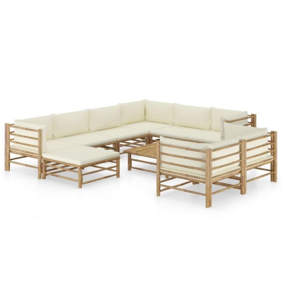 Salon de jardin 10 pcs avec coussins blanc crème Bambou