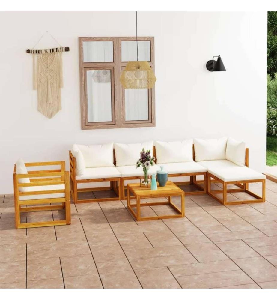 Salon de jardin 7 pcs avec coussin Crème Bois d'acacia solide