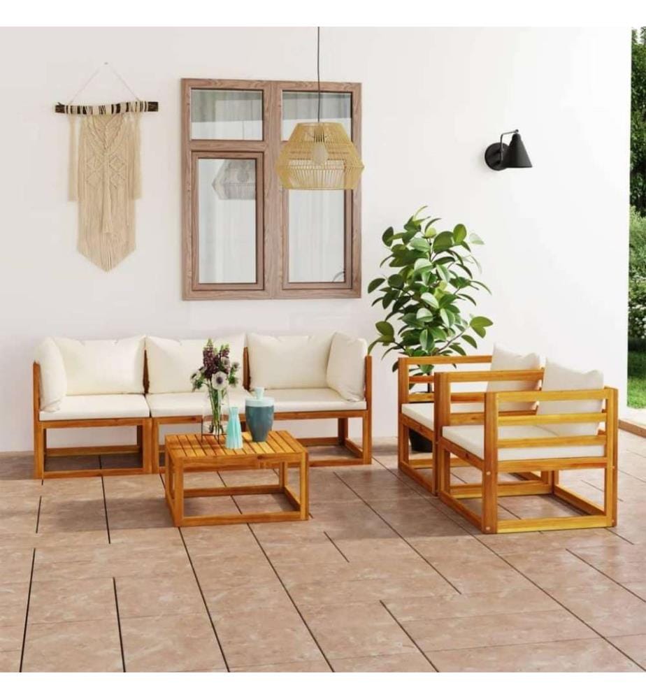 Salon de jardin 6 pcs avec coussin Crème Bois d'acacia solide
